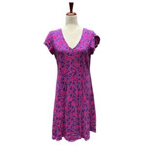 Fresh Produce Dress Size Small Pink Blue Pattern Short Sleeve Midi Cotton Bright